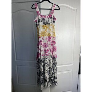 Versona Women's Colorblock Floral Maxi Dress Size S Tiered Rayon Black Pink Gold